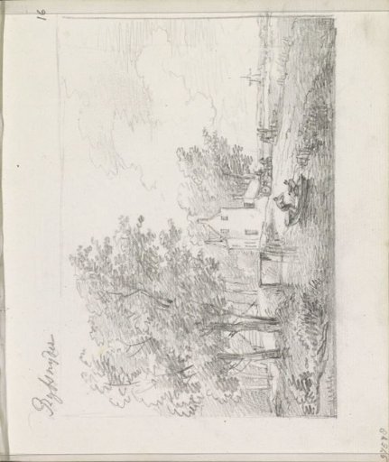Landscape with figures in a rowing boat by a bridge