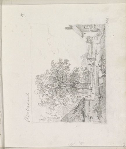 Landscape with two figures on a grassy field between two houses