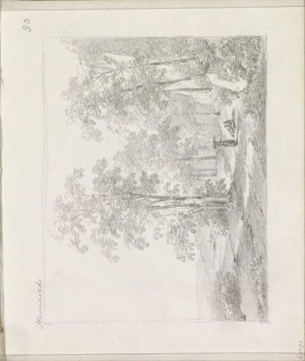 Tree-filled landscape with figures on a path