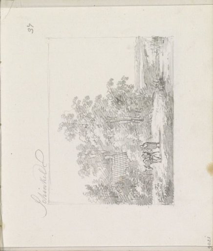 Peasant woman and donkey on a grassy field next to a ditch