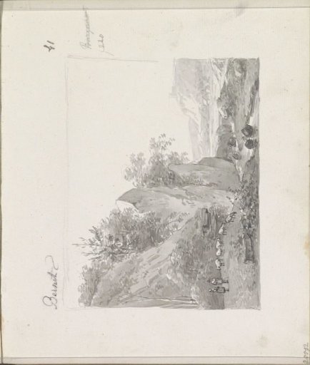 Shepherds with a flock of sheep in a rocky landscape