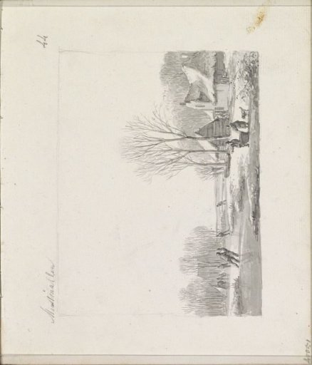 Skaters on a frozen canal alongside farmhouses