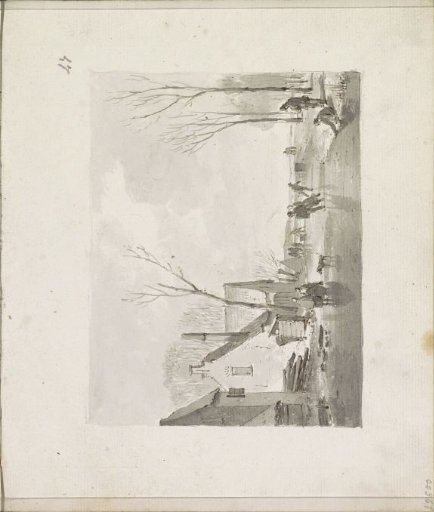 Skaters on a frozen canal alongside farmhouses