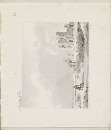 Figure on a frozen canal next to a ruin