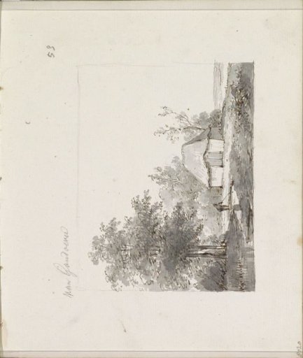 Landscape with water and a figure by a farmhouse