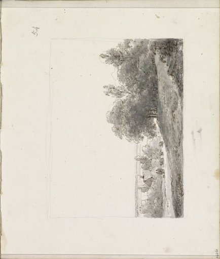 Hilly landscape with shepherds and a flock of sheep