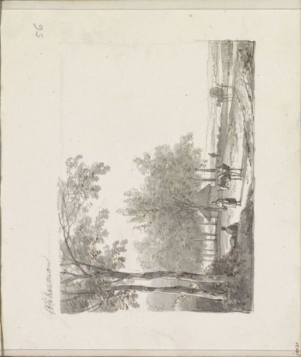 Wooded landscape with two figures in conversation