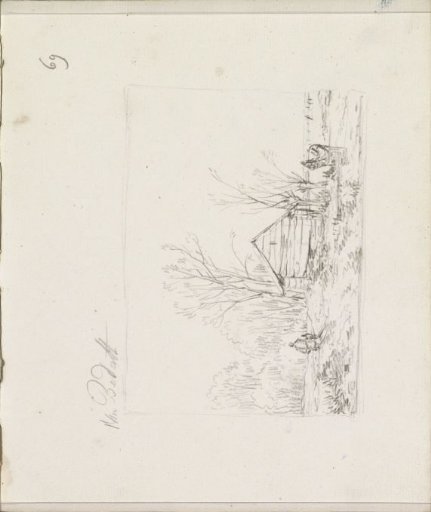 Figures by a hut on a waterfront