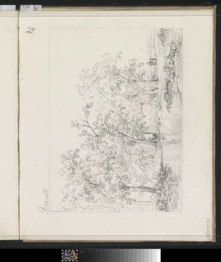 Figures, trees, and a house on a waterfront