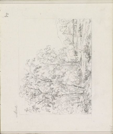 Wooded landscape with figures by a farmhouse