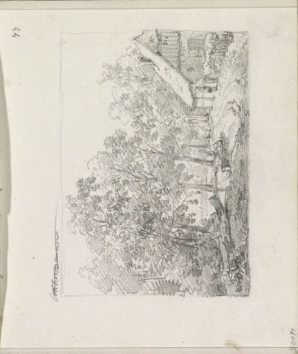 Peasant dwelling by a path next to a row of trees