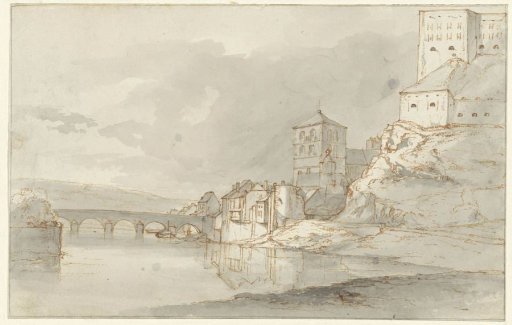 River view with an arched bridge and fortifications on the right bank