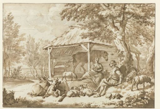 A Shepherd Couple with Cattle near a Shed