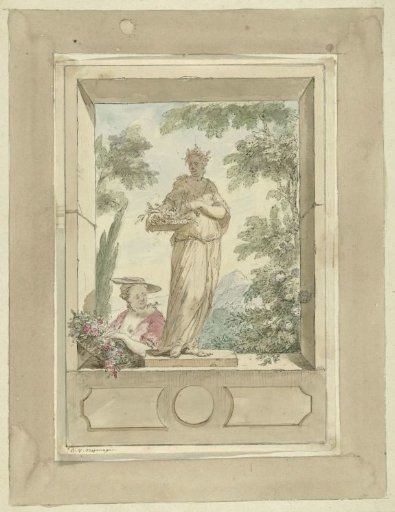 Design for a wall decoration: statue of Flora behind whom a woman with a flower basket