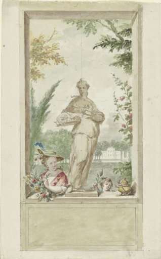 Design for a wall decoration: statue of the Sense of Smell, beside her a woman and child with flowers