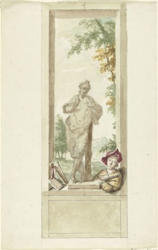 Design for a wall decoration: statue of the Sense of Hearing, beside him a young man with musical instruments