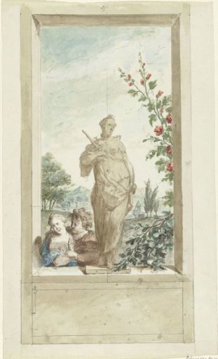 Design for a wall decoration: statue of the Sense of Touch, beside them a loving couple