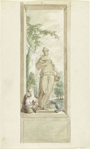 Design for a wall decoration: statue of the Sense of Taste, beside her a woman and parrot with fruits