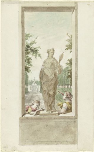 Design for a wall decoration: statue of the Sense of Sight, beside him a boy with a magnifying glass and woman with a telescope