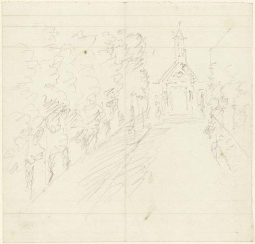 Design for a wall decoration: garden house at the end of an avenue with trees