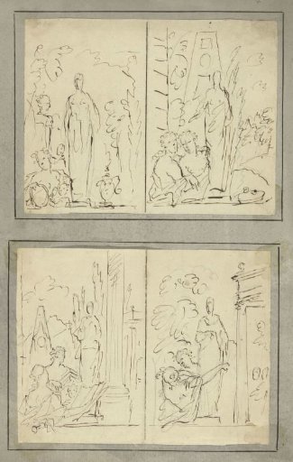 Design for a wall decoration: two sheets each with two representations of statues with women and children
