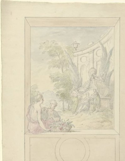 Design for a wall painting with women seated in a niche and standing by a tomb