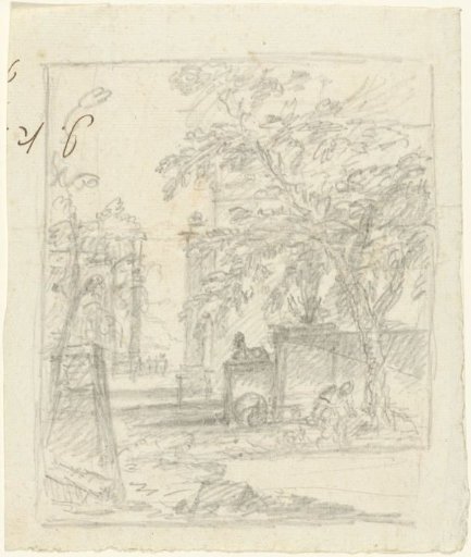 Sketch of a garden with an obelisk and a figure by a pond