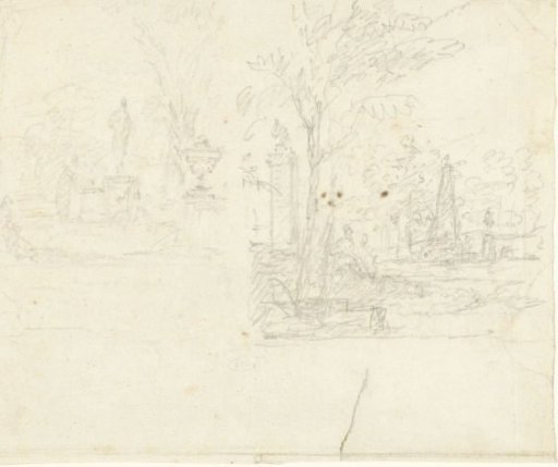 Two sketches of gardens with sculptures and architecture