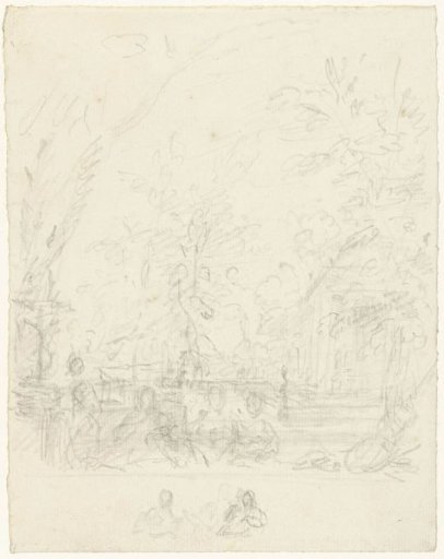Figures on the terrace in a garden