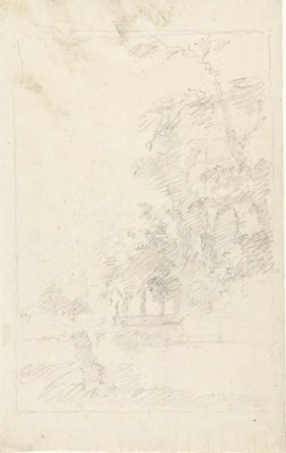Landscape with a building between tall trees