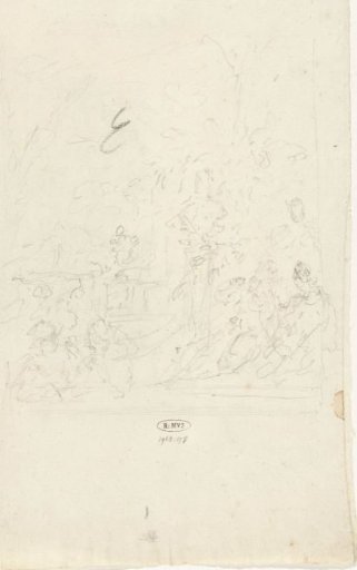 Figures on a terrace near a statue