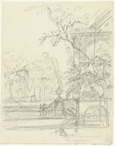 View in a garden with architecture on the right