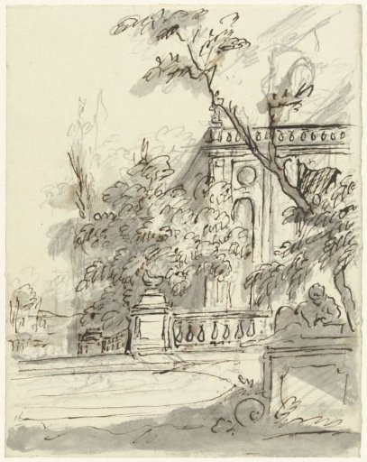 Garden view with pond and balustrade