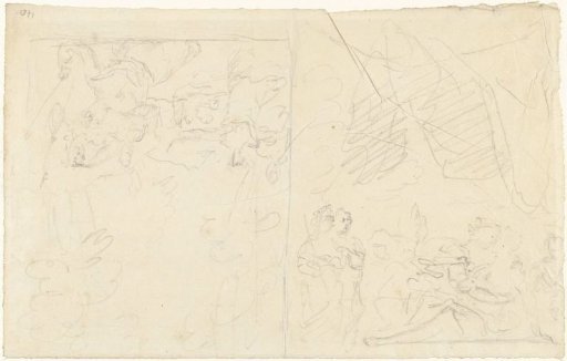Two sketches of figures in a landscape