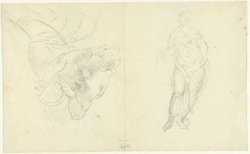 Two sketches of a woman and a river god