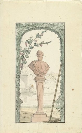 Garden scene on a pedestal in a niche of clipped hedge