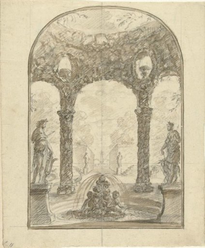 View in a garden with a fountain and statues of Apollo and Diana