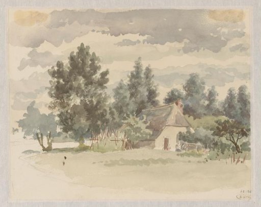 Landscape with farm surrounded by trees