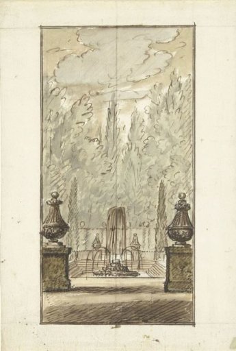 View in a garden with a pond and a fountain