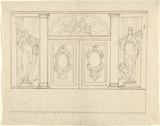 Design for the decoration of a wall articulated by pilasters with a double door