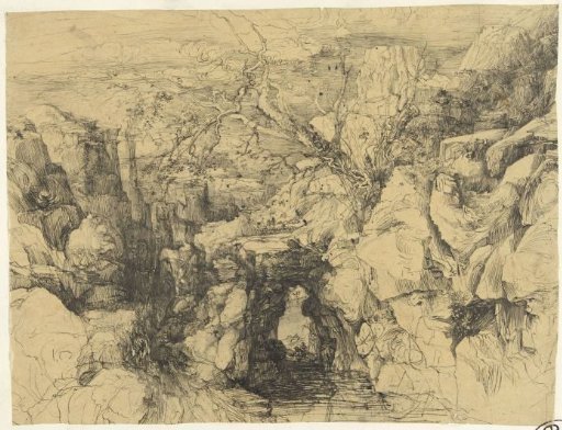 Landscape with rocks and stone bridge over a mountain stream
