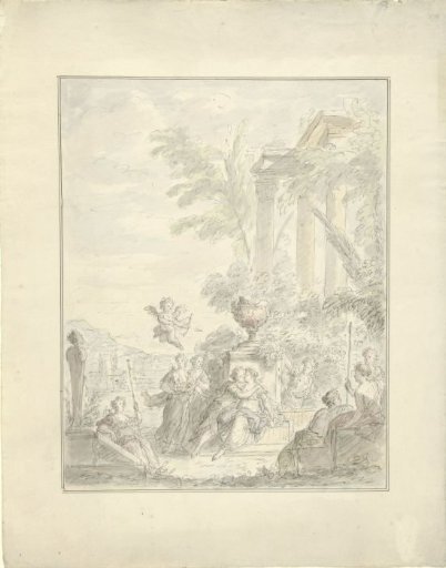Design for a wall painting with a lovers' couple seated by a fountain