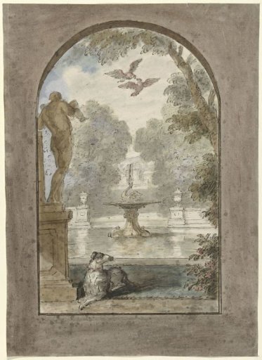Design for a wall painting with a view in a garden with a lying dog, fountain and statue