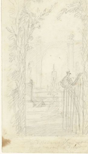 Design for a garden view with a peacock on a fence