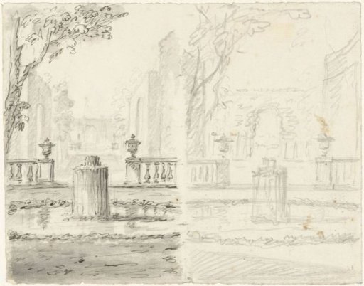 Two designs for a garden view and a balustrade