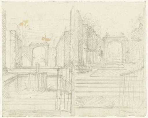 Two sketches of a garden with a pond, an open gate in the foreground