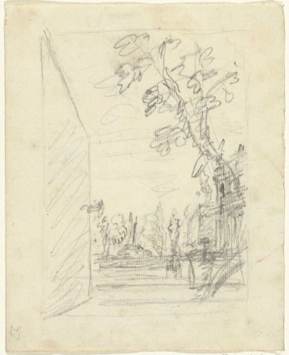 View in a garden with an open door in the foreground