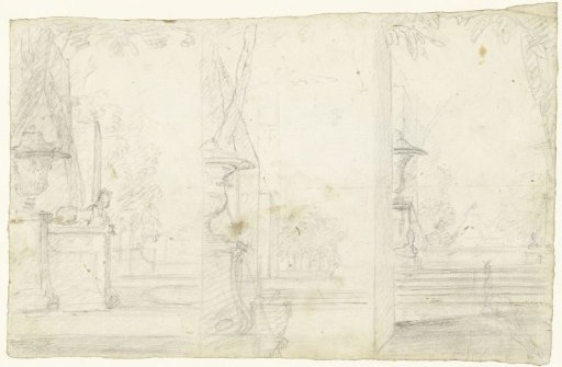 Three sketches of a garden with ornaments