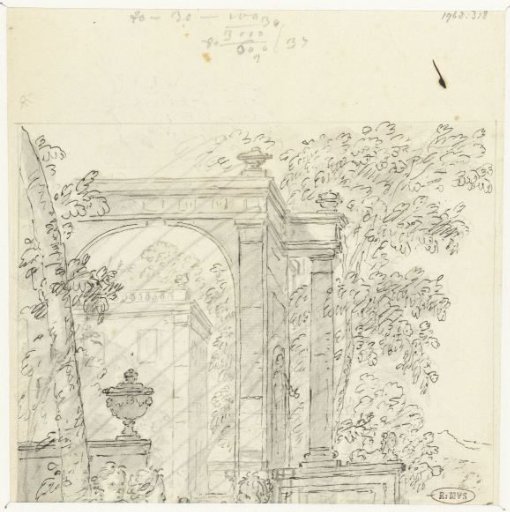 Fragment of a garden view with architecture and figures