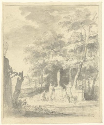 Arcadian landscape with figures around a statue